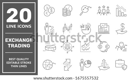 Exchange and finance trading. Icons set of business finance online trading outline concept. Editable Stroke. EPS 10