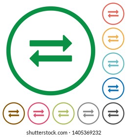 Exchange flat color icons in round outlines on white background