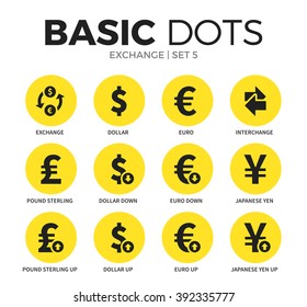 Exchange flat icons set with dollar form, pound form and euro form isolated vector illustration on white