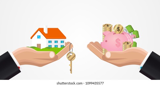 Exchange of a house for money. Creative design. Vector illustration