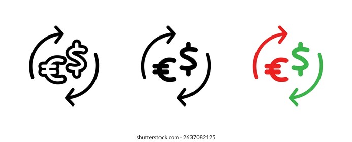 Exchange icon. Euro and dollar currency signs with circular arrows vector illustration. Represents money conversion and financial transaction symbol. Global trade and currency rate pictogram.