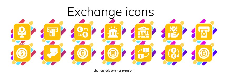 exchange icon set. 14 filled exchange icons. Included Bitcoin, Coin, Atm, Payment method, Money exchange, Financial, Money, Bank, Trade, icons