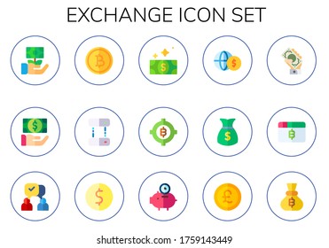 exchange icon set. 15 flat exchange icons. Included money, payment, baht, transfer, bill, bitcoin, communication, coin, time is money, pound sterling icons