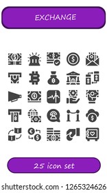  exchange icon set. 25 filled exchange icons. Simple modern icons about  - Money, Financial, Coin, Atm, Bitcoin, Bank, Transfer, Communication, Stocks, Economy, Line, Funds, Trade