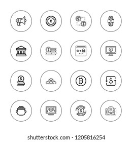 Exchange icon set. collection of 16 outline exchange icons with bank, bitcoin, coin, coins, communications, exchange, dollar, gold, online banking, stack icons.