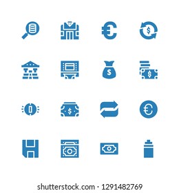 exchange icon set. Collection of 16 filled exchange icons included Isotonic, Money, Save, Euro, Transfer, Coin, Atm, Bank, Investment, Pawn shop