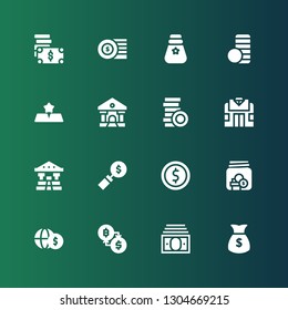 exchange icon set. Collection of 16 filled exchange icons included Money, Income, Exchange, Savings, Coin, Bank, Pawn shop, Coins, Gold, Coin stack