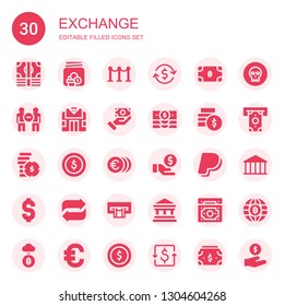 exchange icon set. Collection of 30 filled exchange icons included Money, Savings, Line, Investment, Bitcoin, Communication, Pawn shop, Payment method, Banknote, Coins, Dollar coins