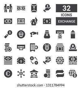 exchange icon set. Collection of 32 filled exchange icons included Coin, Transfer, Coin stack, Bank, Communication, Euro, Money, Bitcoin, Payment method, Exchange, Income, Yuan
