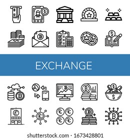 conjunto de iconos de intercambio. Recopilación de iconos de Atm, Money, Accounting, Bitcoin, Bank, Token, Tokens, Gold, Economy, Cryptocurrency, Communication, Euro, Coin