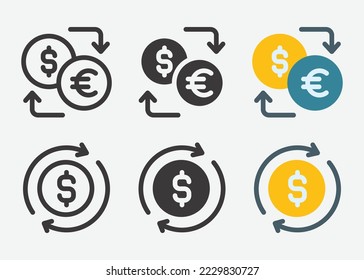 Juego de iconos de Exchange. Diferente colección de divisas, Moneda de estilo plano y contorno. Vector