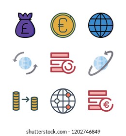 exchange icon set. vector set about money bag, coins, worldwide and euro icons set.