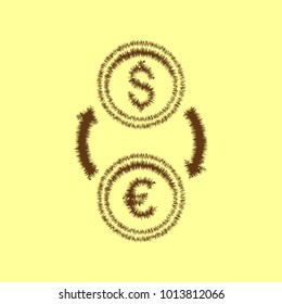 Exchange icon. Vector. Brown hairy icon on yellowish background. Isolated.
