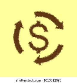 Exchange icon. Vector. Brown hairy icon on yellowish background. Isolated.