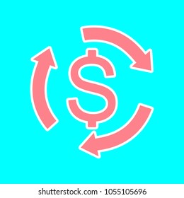 Exchange icon. Vector. Magenta icon with white sticker contour at sky blue background. Isolated.