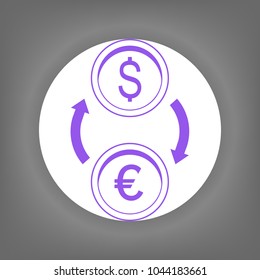 Exchange icon. Vector. Violet icon on white circle with shadow at gray background.