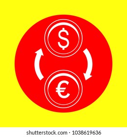 Exchange icon. Vector. White flat icon inside red circle at yellow background. Isolated.