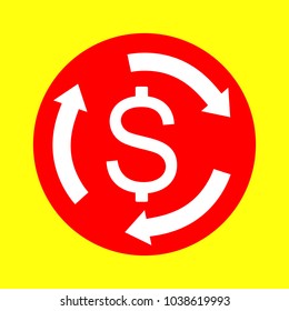 Exchange icon. Vector. White flat icon inside red circle at yellow background. Isolated.