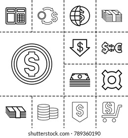 Exchange icons. set of 13 editable outline exchange icons such as dollar down, money exchange, money, atm, globe dollar, illustrgeneric currencyation, casino chip and money