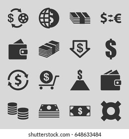 Exchange icons set. set of 16 exchange filled icons such as wallet, casino chip and money, dollar down, dollar, money, money exchange, globe dollar