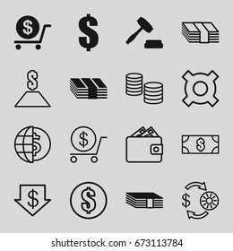 Exchange icons set. set of 16 exchange filled and outline icons such as dollar, auction, casino chip and money, dollar down, money, wallet, globe dollar
