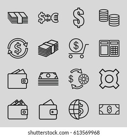 Exchange icons set. set of 16 exchange outline icons such as wallet, Casino chip and money, dollar, money, money exchange, ATM, globe dollar