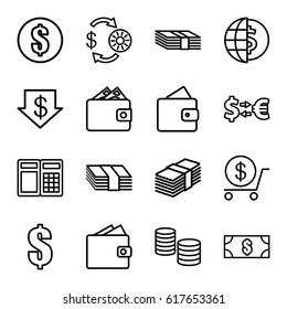 Exchange icons set. set of 16 exchange outline icons such as wallet, Casino chip and money, dollar down, dollar, money, money exchange, ATM