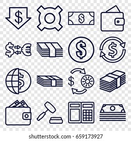 Exchange icons set. set of 16 exchange outline icons such as wallet, casino chip and money, dollar down, auction, money, money exchange, atm, globe dollar