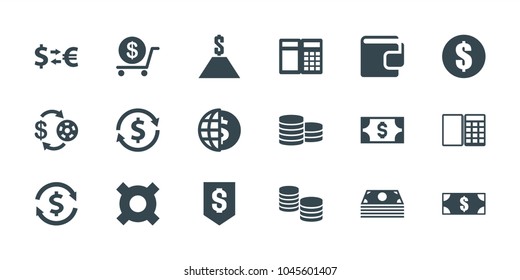 Exchange icons. set of 18 editable filled exchange icons: casino chip and money, dollar, money, money exchange, atm, globe dollar, illustrgeneric currencyation, dollar down