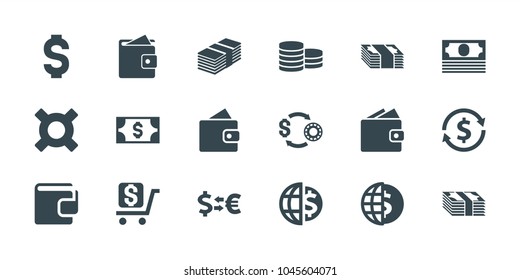 Exchange icons. set of 18 editable filled exchange icons: wallet, money exchange, globe dollar, money, casino chip and money, dollar