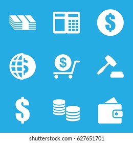 Exchange icons set. set of 9 exchange filled icons such as wallet, dollar, auction, money, ATM
