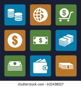 Exchange icons set. set of 9 exchange filled icons such as dollar, money, wallet