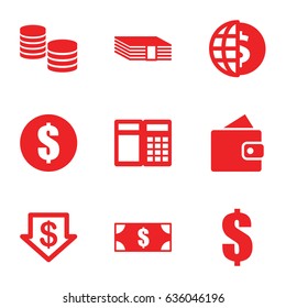 Exchange icons set. set of 9 exchange filled icons such as wallet, dollar down, money, dollar, atm