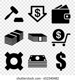 Exchange icons set. set of 9 exchange filled icons such as dollar down, dollar, auction, money, wallet