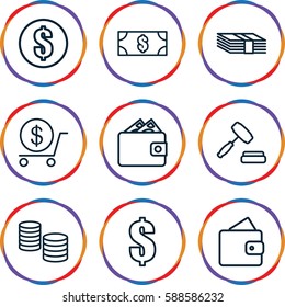 exchange icons set. Set of 9 exchange outline icons such as wallet, dollar, auction
