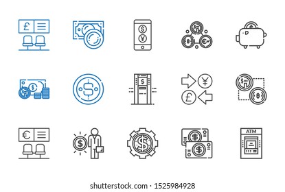 exchange icons set. Collection of exchange with atm, money, salary, bank, bitcoin, currency, coin, savings. Editable and scalable exchange icons.