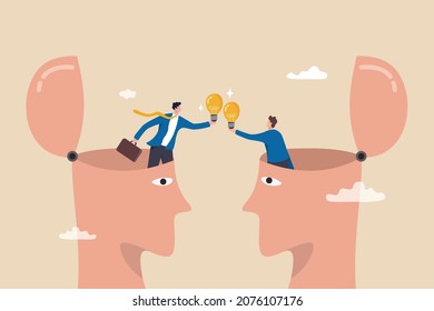 Exchange idea from brainstorm to get new solution to solve problem, sharing knowledge, creativity and innovation concept, businessman open from human brain head to exchange business lightbulb ideas.