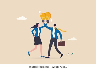 Exchange idea, creativity and innovation, brainstorming or sharing intelligence data, solution or communication, discussing or learn together, businessman and woman share lightbulb idea to colleagues.