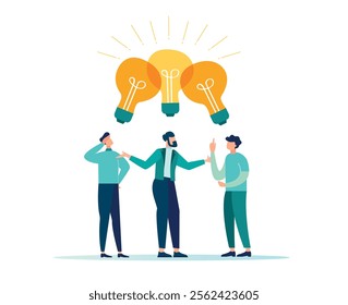 Exchange of ideas, collaboration, teamwork, smart thinking businessmen, office workers unite to share the idea of a light bulb, vector illustration