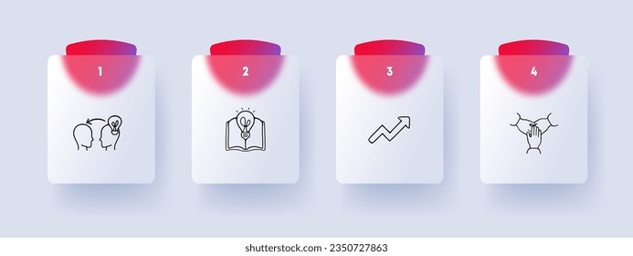 Exchange of ideas line icon. Light bulb, puzzle, brain activity, book, handshake, arrow. Glassmorphism style. Vector line icon