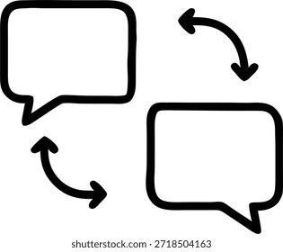 Troca de ideias representada por duas bolhas de fala conectadas por setas curvas que ilustram a comunicação contínua e o diálogo interativo. Esse ícone simples simboliza a discussão, o suporte ou a transferência de informações entre as partes em um formato de design conceitual.