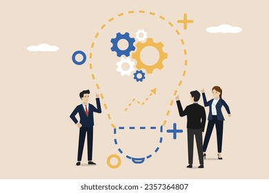 Exchange ideas. The team discusses a new project or discusses finding a solution to a problem. Light bulb as a symbol of new ideas and problem solving. Illustration of successful businessman.