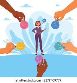 Exchange of ideas. Teamwork process, team brainstorming and creativity on work, collaboration and communication in office, idea selection, vector cartoon flat isolated concept