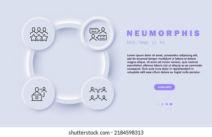Exchange information at work set icon. Stars, communication, speech bubble, remote work, laptop, employees. Business concept. Neomorphism style. Vector line icon for Business and Advertising.
