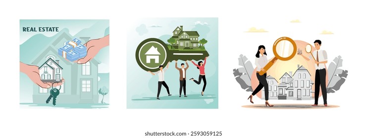  Exchange involving a house, keys, and cash, symbolizing real estate transactions. People carrying a large key with a house symbol. People group looking home on market. Buy or rent house online. 