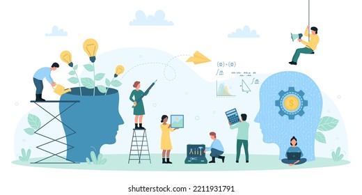 Intercambio de conocimientos, innovación creativa en la ilustración vectorial de la comunidad empresarial. Las personas diminutas de caricatura trabajan en el crecimiento de las bombillas, sosteniendo lápiz y calculadora para desarrollar y actualizar ideas