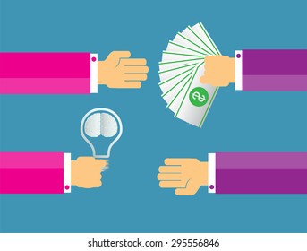 Exchange light bulb brain idea and money. business idea concept. vector. infographics.