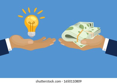 Exchange light bulb idea and dollars banknotes money, vector cartoon illustration. Business idea concept for money investment into intelectual ideas projects. Money vs ideas poster.