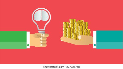 Exchange light bulb idea and gold money. business idea concept. vector. infographics. brain. red background.