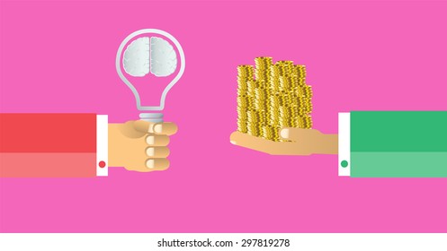 Exchange light bulb idea and gold money. business idea concept. vector. infographics. brain. brain. pink background.